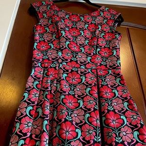 Closet Size 8 Black, Fuchsia & Aqua Darted A-Line Art Nouveau Floral Dress EUC